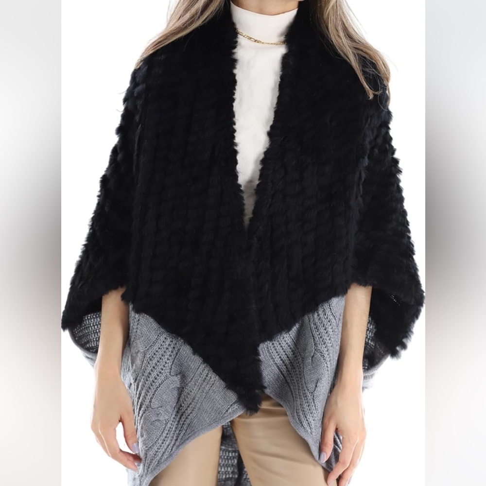 Rabbit Fur Cable Knit Cardigan Shawl